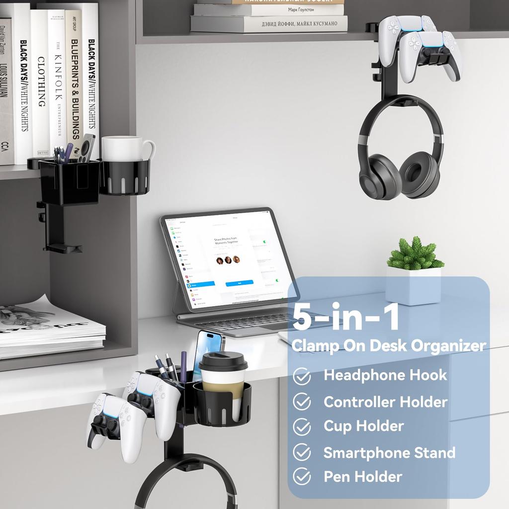KDD 5-in-1 Desk Organizer with Rotating Headphone Stand, Detachable Controller Holder, Pen Holder, and Cup Holder - Desktop Storage for Cups, Phones,