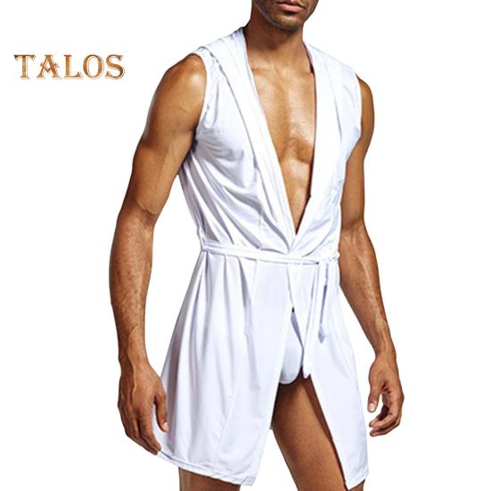 Мужской халат с поясом, капюшоном, без рукавов, однотонный халат из ледяного шелка, с открытой передней частью, мягкий домашний халат из ледяного шелка