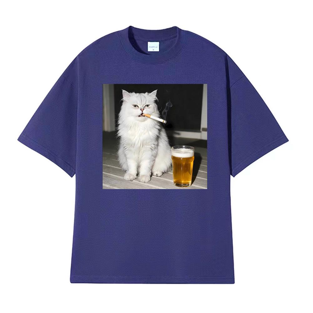 Смешной персидский кот курит и пьет пиво Винтажные футболки Мужские Женские Повседневная хлопковая футболка Модная классная футболка с коротким рукавом
