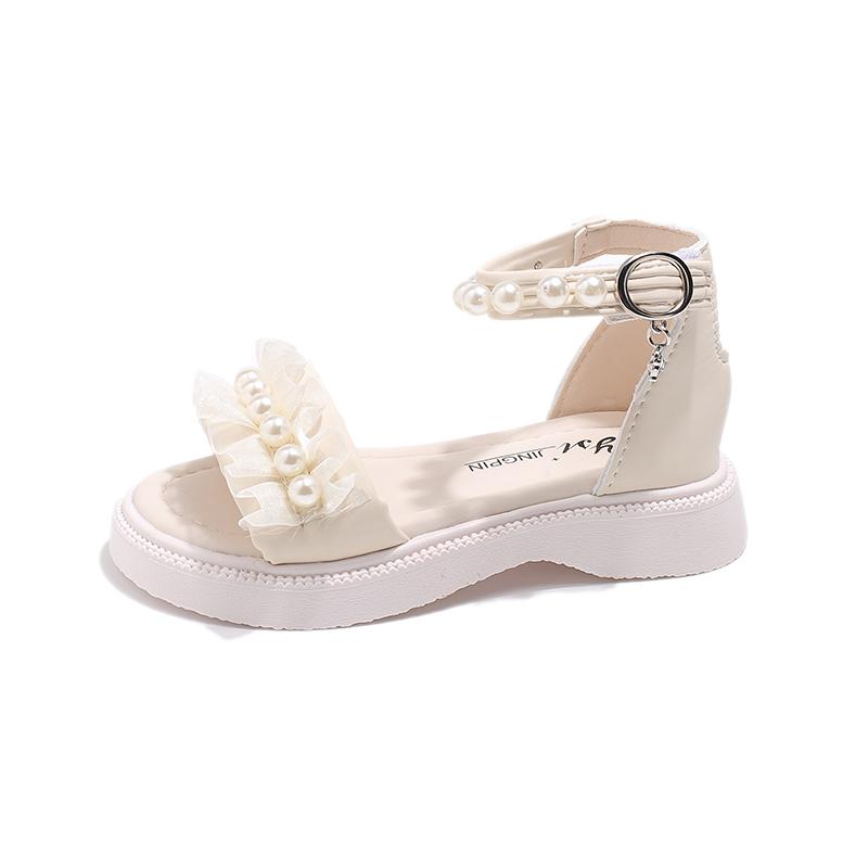 Плиссированные сандалии принцессы для девочек, детские сандалии-гладиаторы, модные детские сандалии на плоской подошве с жемчугом, однотонные сандалии с липучкой, 2024 г., новинка