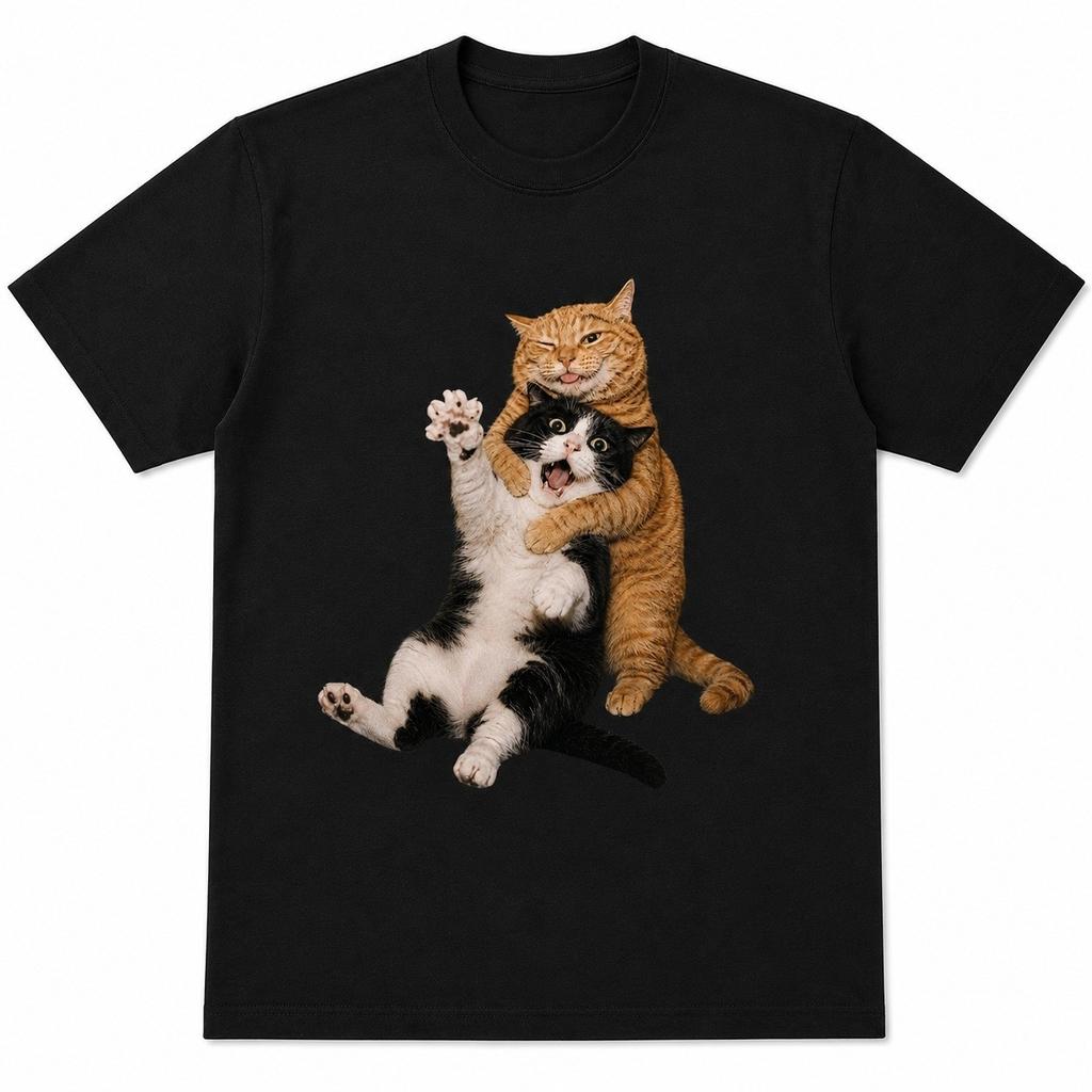 Funny Orange Cat Hugging Scared Cat T-Shirt Humor Cat Meme Tee