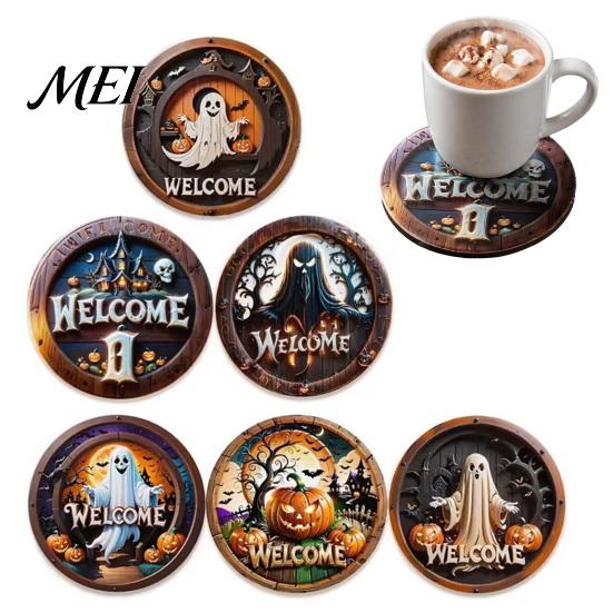 Artistic Wooden Coaster Set 6Pcs/Set Halloween Coasters, Retro Pumpkin Ghost Drink Decorative Coffee Bar Accessories Round Heat Insulation Pads