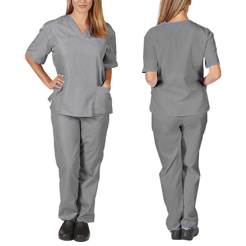 2 Pieces Outfits Summer Thin Solid Tops+Loose Pants Short Sleeve Quick Dry Nurse Suit V-neck Nursing Working