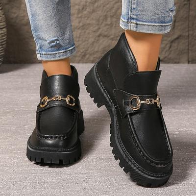 Металлический декор Платформа Ботильоны для женщин Удобные Слипоны Большой размер 42 Обувь из искусственной кожи Женские Ботинки на толстой подошве Противоскользящие Короткие ботинки