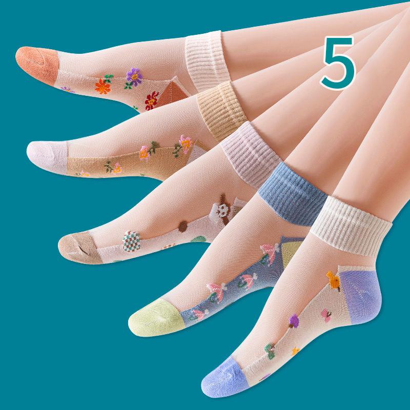 5 пар женских носков Harajuku, летние носки с кружевом и рисунком, повседневные носки, прозрачные эластичные короткие носки для школьниц