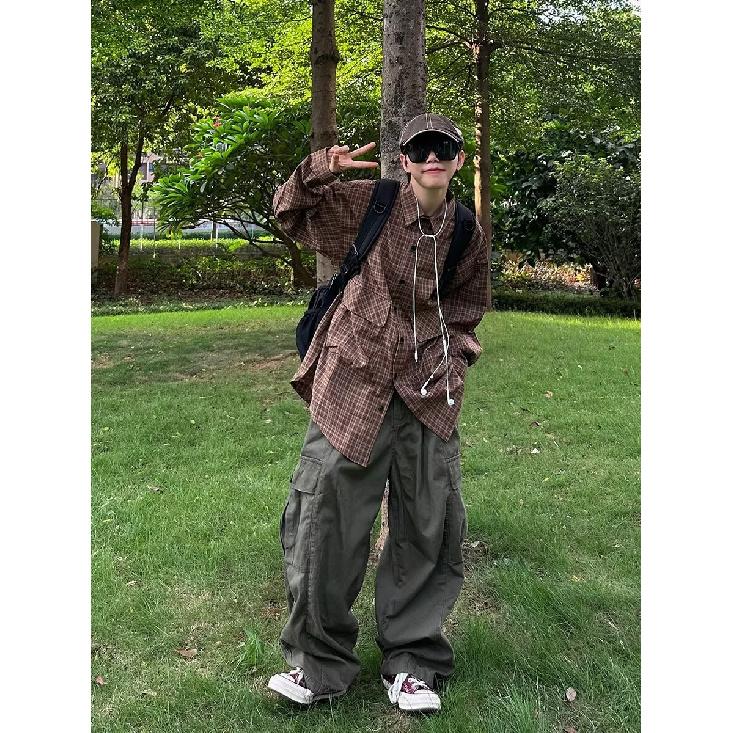 Рубашка в японском стиле в стиле ретро с большим карманом, с длинными рукавами, для мужчин и женщин, винтажная, с несколькими карманами, контрастного цвета, для пары, рубашка, пальто