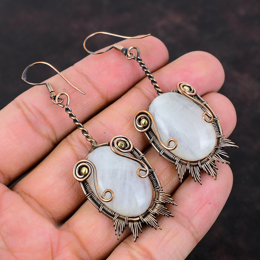 Серьги с радужным лунным камнем, обмотанные медной проволокой, серьги ручной работы, драгоценные камни, серьги из медной проволоки, подарок для нее, совершенно новые серьги