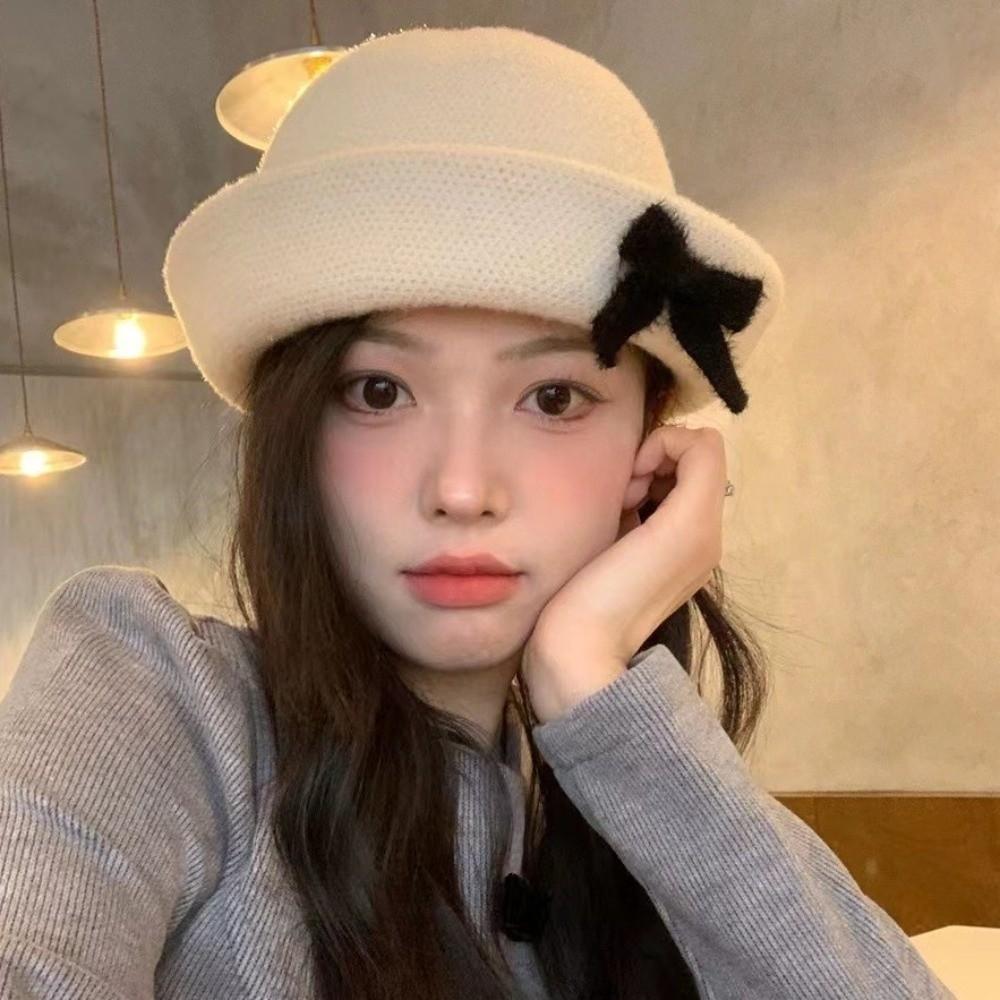 Solid Color Bow Bucket Cap Korean Style Women Bucket Hat Sweet Woolen Fishing Cap Streetwear