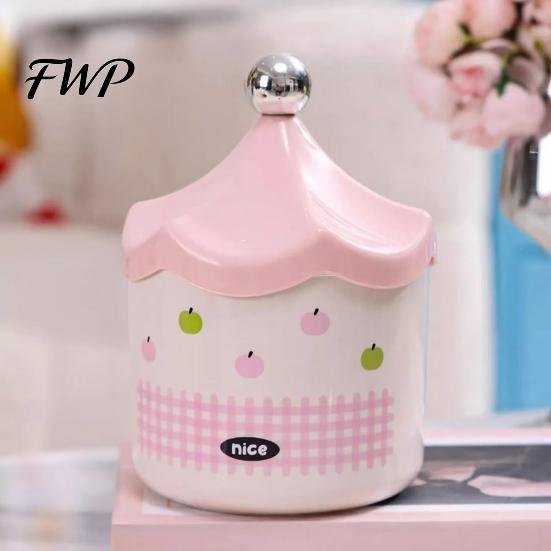 Kawaii Desk Organizer Desktop Trash Can with Flip-top Lid, Macaron Colors Castle Roof Shape, Bedroom Decorative Mini Storage Bin for Office