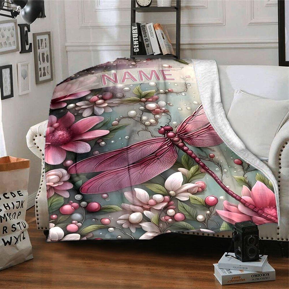Pink Dragonfly Amidst Floral Blossoms And Pearls Lightweight Customizable Blanket Customize Your Name Ultrasoft Great For Sofa Couch Office Bed