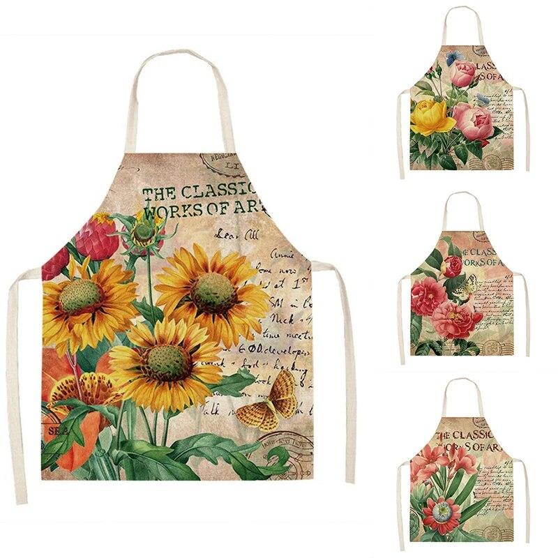1pc Sunflower Floral Pattern Linen Apron Dinner Bib Kitchen Cooking Baking Apron Anti-Stain Cleaning Tool Unisex
