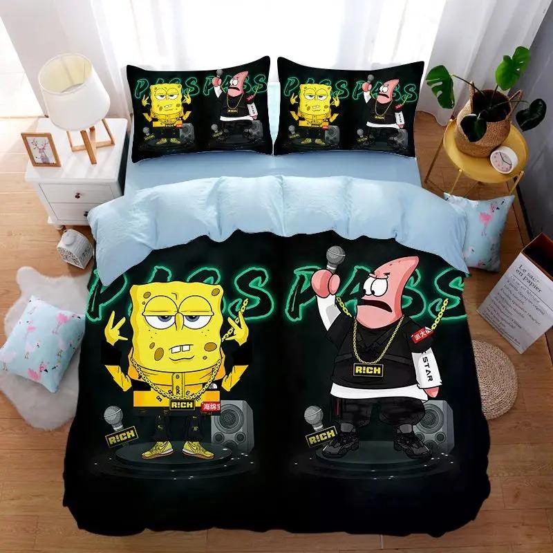 3D Printing Bedding Set S-SpongeBob 2/3pcs Duvet Cover Pillowcases Cartoon Anime Bedding for Teens Student Dormitory Bedroom Dec