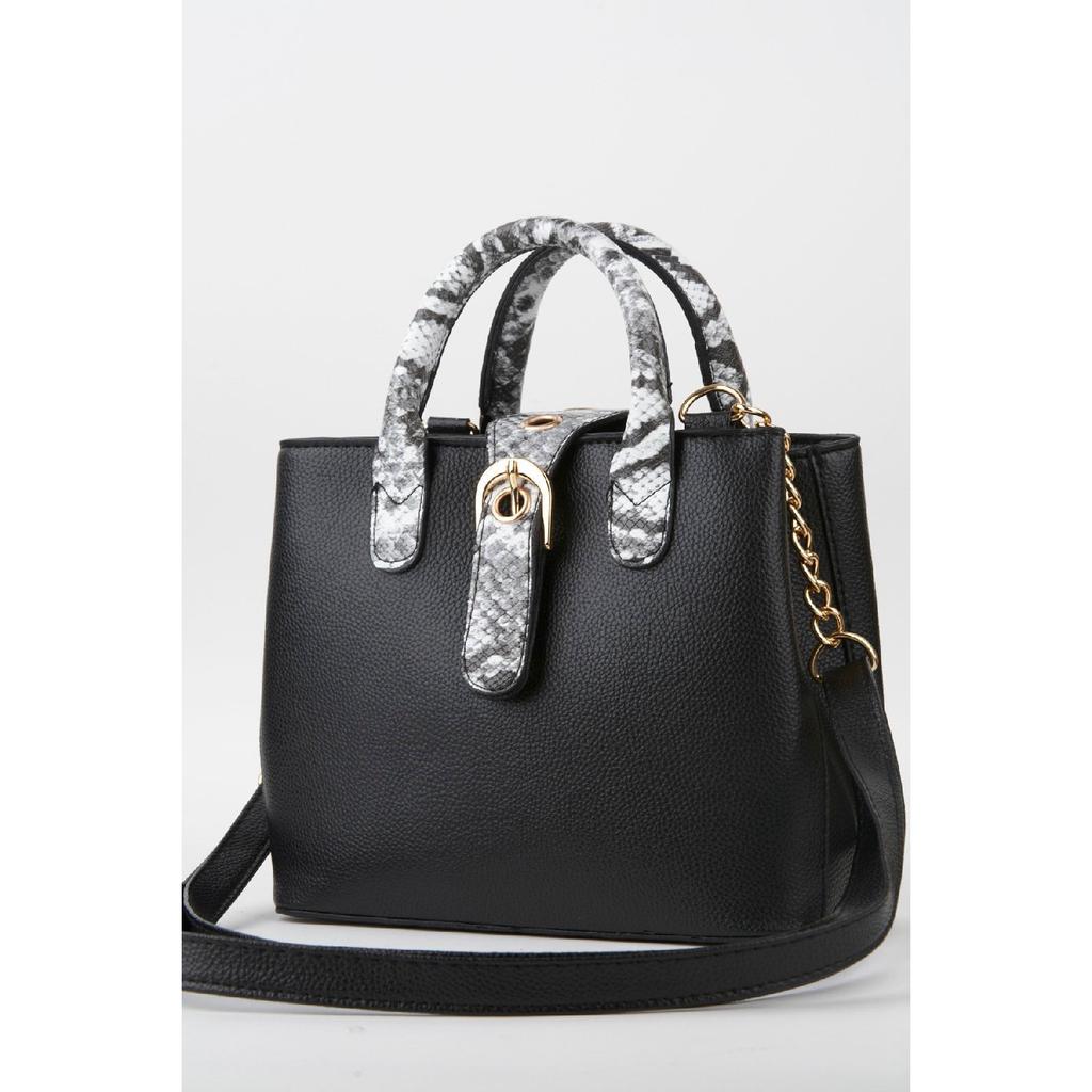 Women's Black Faux Leather Croco Patterned Strap Snap Fastener Zipper Closure Hand And Shoulder Bag