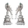 Vintage Indian Bird Dangle Earrings, Silver Plated Jhumki with Peacock Top and Colored Stones, White Beads