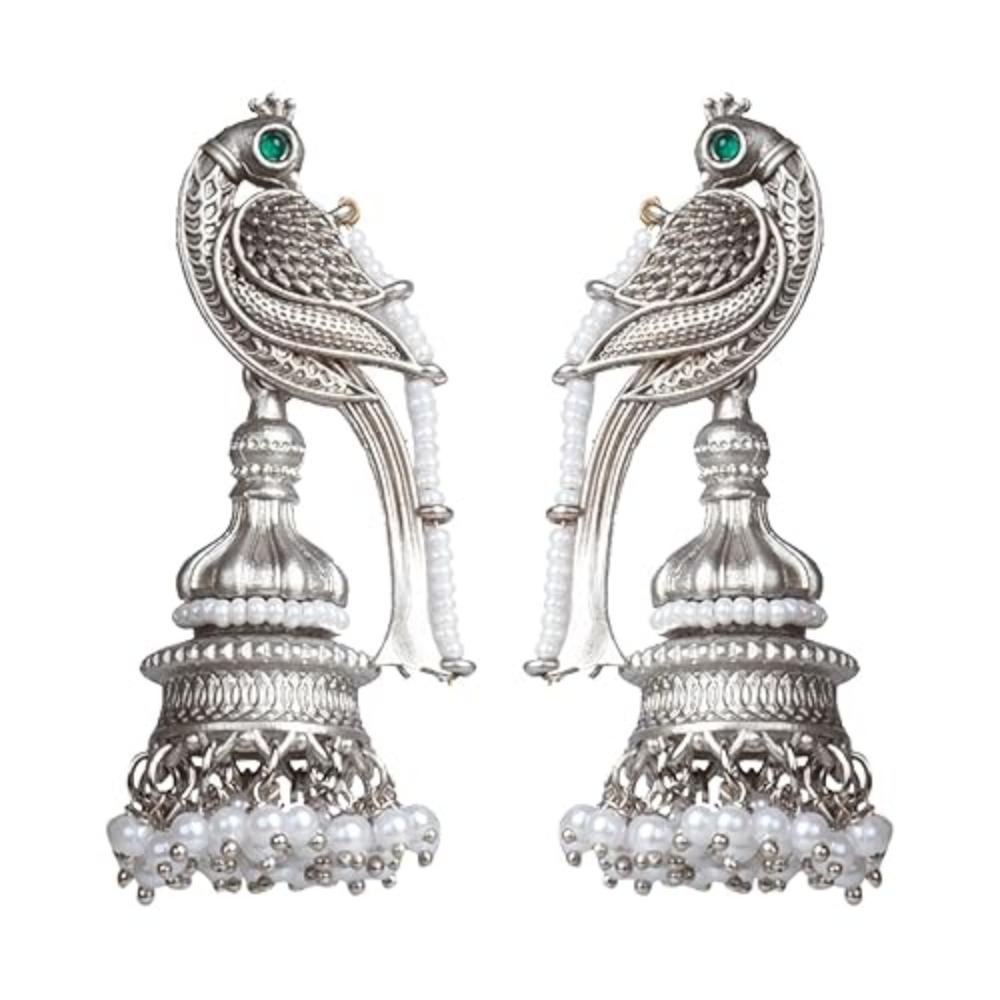 Vintage Indian Bird Dangle Earrings, Silver Plated Jhumki with Peacock Top and Colored Stones, White Beads