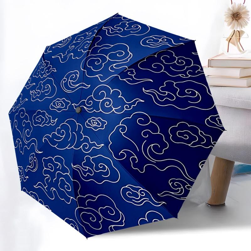 1pc Clouds Blue Automatic Open/close Folding Compact Umbrella, 8-Rib Sturdy Canopy, Lightweight Portable, Everyday Use, Gift, 088