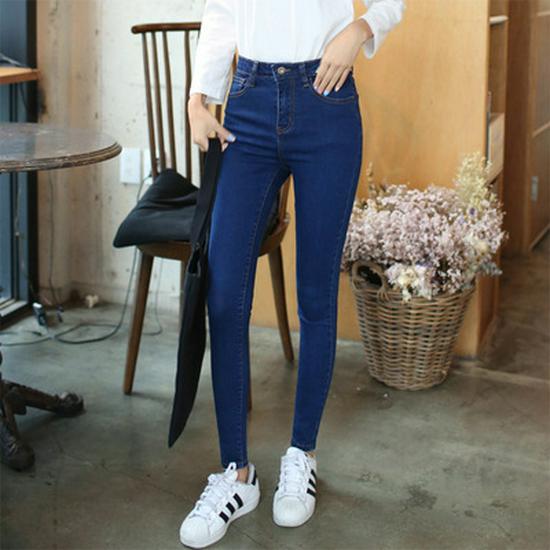 Korean Style Smoky Grey Skinny Jeans with Elastic High Waist for Women