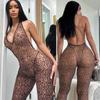 Sexy Halter Backless Deep V Leopard Print Jumpsuit Basics Casual Skinny Leggings  Summer Spicy Girl Streetwear