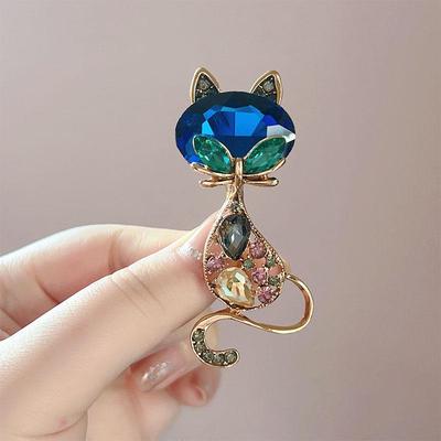 Роскошная брошь-кошка с сапфиром, булавка для лацкана со стразами