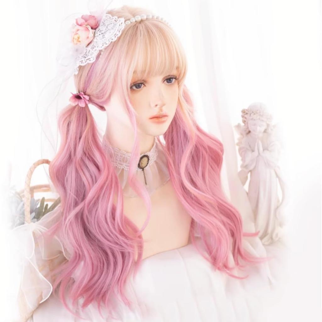 Парик Лолита RyuuCos Длинные волосы Кудрявый розовый парик Розовый градиент Натуральный Харадзюку Косплей Термостойкий Маскировка Настоящее событие Хэллоуин Рождество Школа