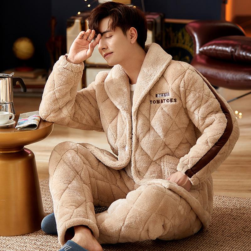 Men's Winter Hooded Quilted Pajama Set: Thick, Plush, Large Size Flannel Jacket