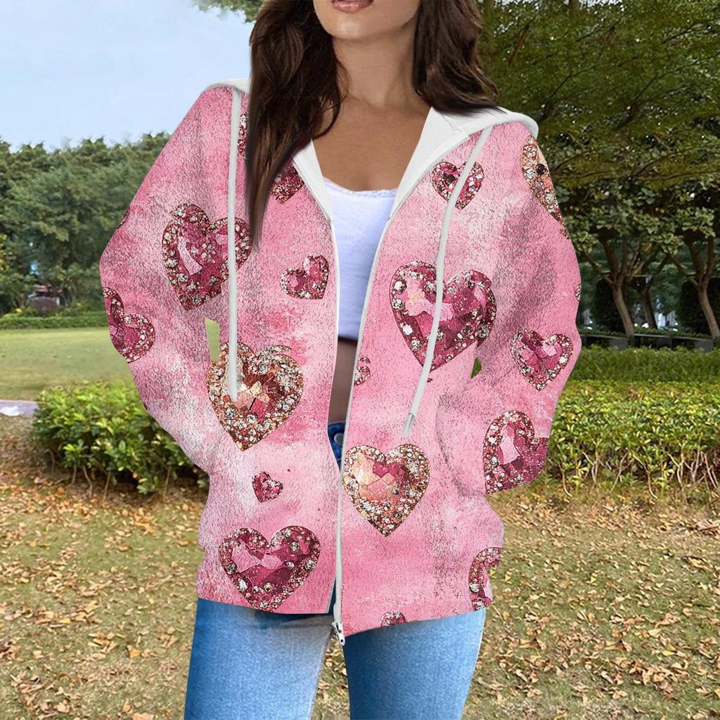 Women's Fashion Casual Long Sleeve Valentine's Day Print With Pocket Zipper Cardigan Jacket