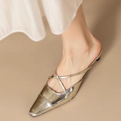 Новые шлепанцы на высоком каблуке, мюли, слайды, летние новые женские сандалии-шлепанцы на толстом каблуке средней высоты, высокого класса, серебристые полушлепанцы