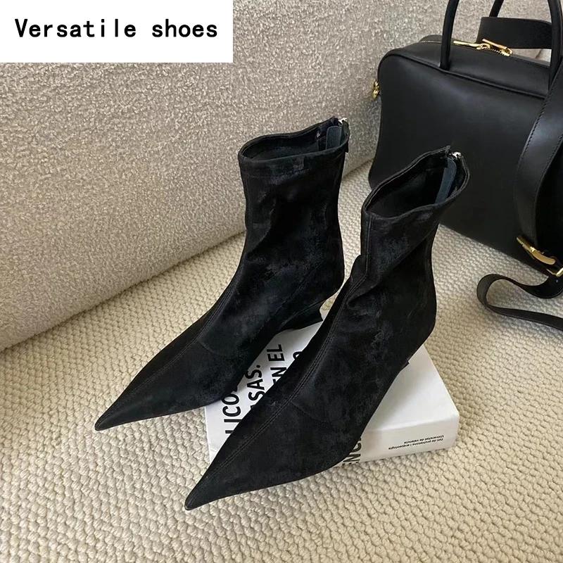 Зимние женские эластичные современные сапоги модные короткие ботильоны с острым носком женские элегантные туфли на низком каблуке Botas Mujer