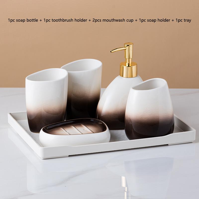 6 шт. 1 набор принадлежностей для ванной комнаты из керамической керамики коричневого цвета Advanced Gradual, 2 стаканчика для ополаскивателя для полости рта, 1 мыльница, 1 стаканчик для зубной щетки, 1 поднос, 1 баночка для лосьона Подарки Creative Home.