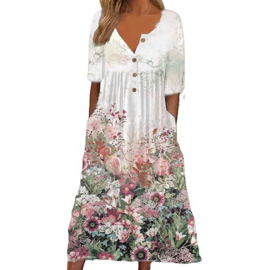 Summer Women Dress A-line Loose Hem Pleated O Neck Button Short Sleeve Loose Side Pockets Retro Floral Print Mid-calf Length Commute Beach Midi Dress
