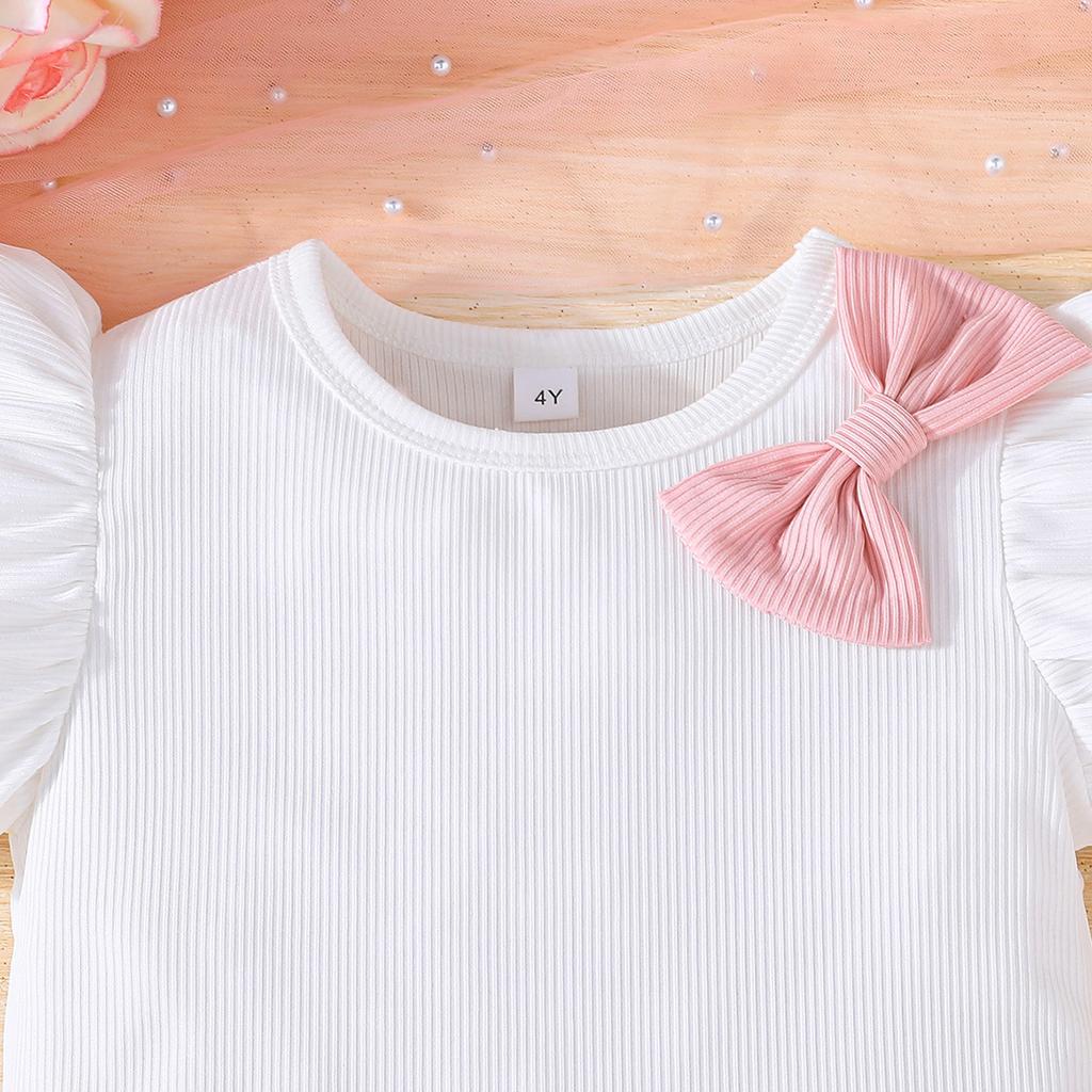 Модный повседневный костюм для девочек 2025 года, летний детский милый топ с бантом и рукавами-крылышками + юбка