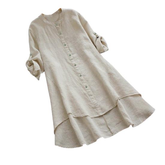 Rollup Women Neck Round Shirt Long Sleeve Buttons Placket Shirt Solid Color
