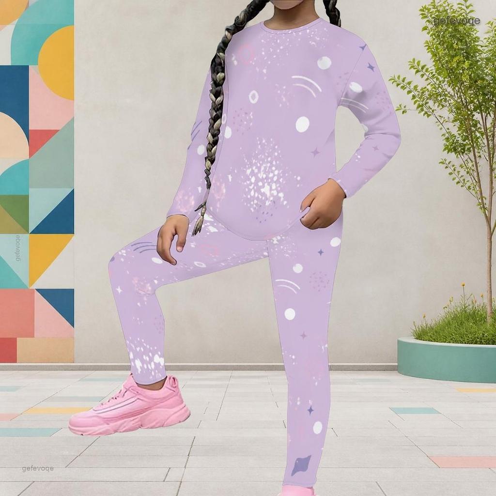 Girls Round Neck Long Sleeve Black Blue Printed Top And Fitted Pants Two Piece Set