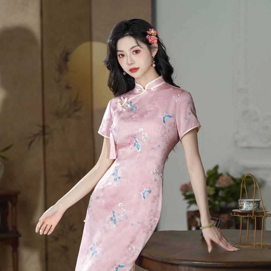 New Chinese pink cheongsam improved young new daily retro summer 1011 temperament slim dress