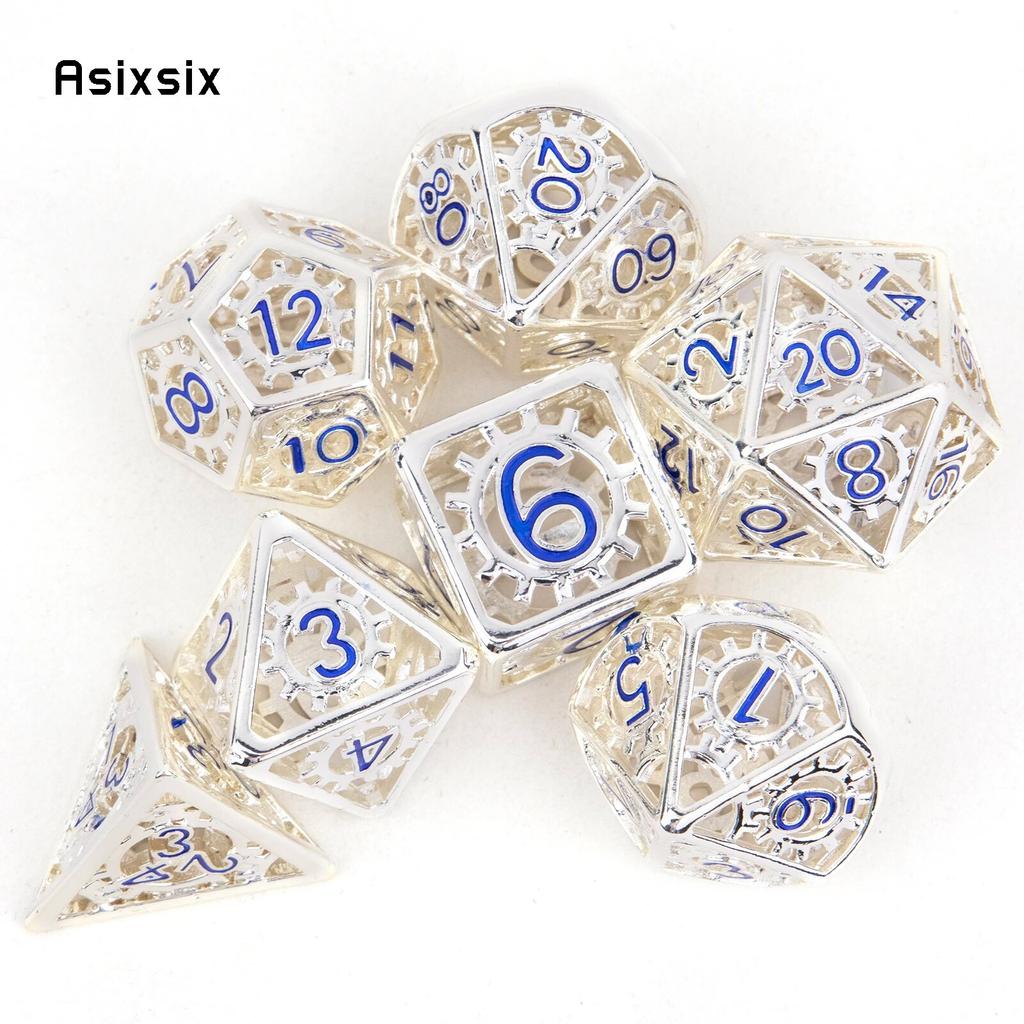 7 Pcs White Blue Gear Wheel Metal Dice Hollow Metal Polyhedral Dice Set Suitable for Role-Playing RPG Board Game Card Game