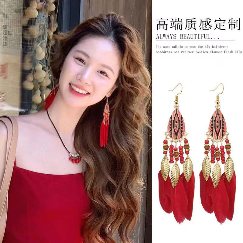 Этнический стиль длинные серьги с перьями и бахромой красные женские модные ретро-серьги в национальном стиле праздничные фотоукрашения