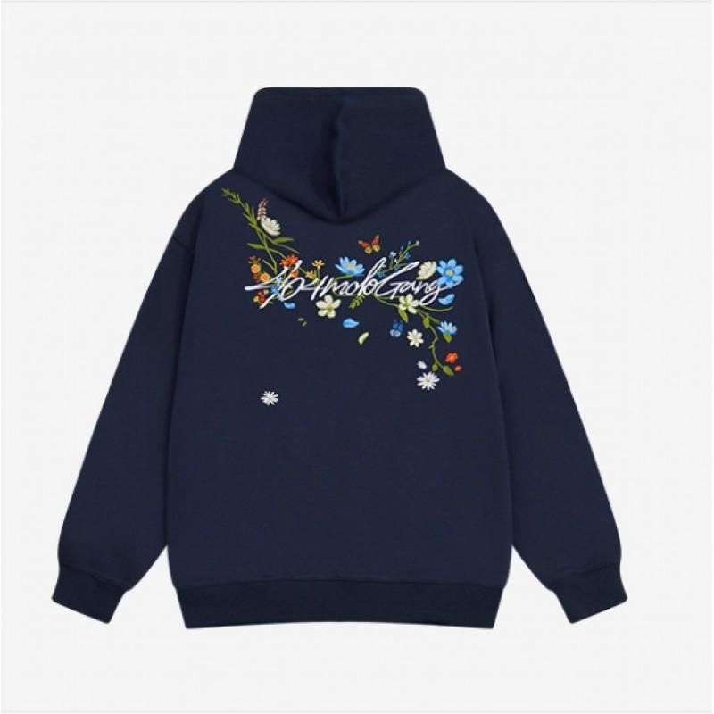 Unisex Oversized Hoodie With Floral Embroidery Retro Streetwear Cotton Blend Sweatshirt