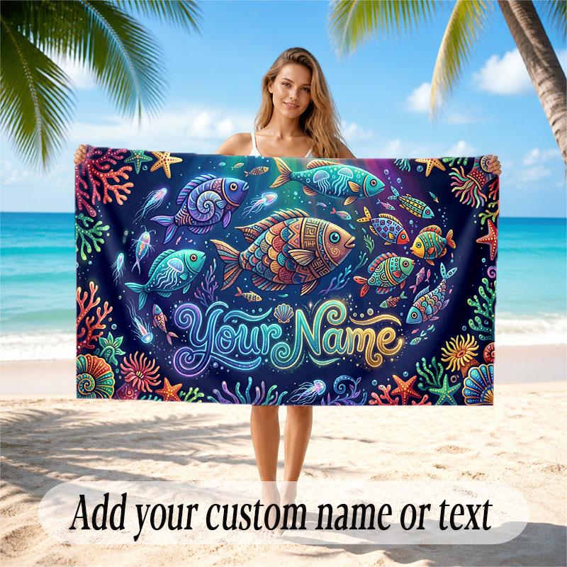 Fish Ocean Theme Beach Towel Personalized Custom Name & Text Soft Quick Dry Beach Towel for Swimming Travel