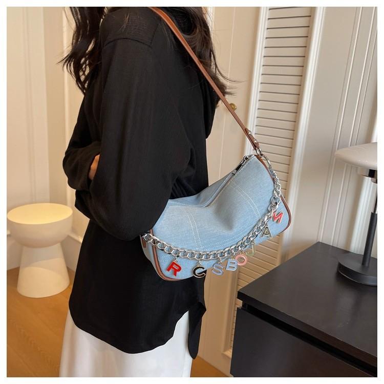 Ielgy Denim Canvas Underarm Bag French Chain Shoulder All-Match High-End Niche Dumpling Bag
