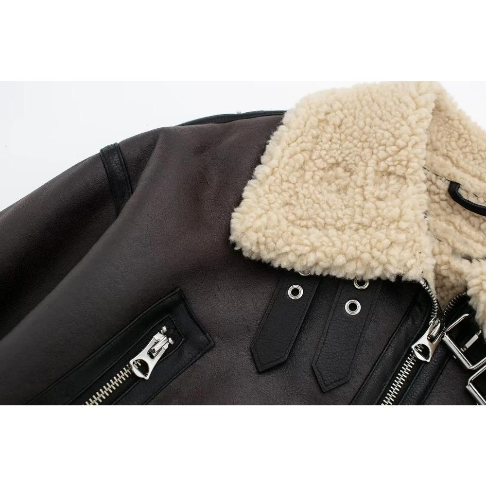 Новая женская мода толстая теплая искусственная овчина куртка пальто винтажная с длинным рукавом пояс подол женский верхняя одежда