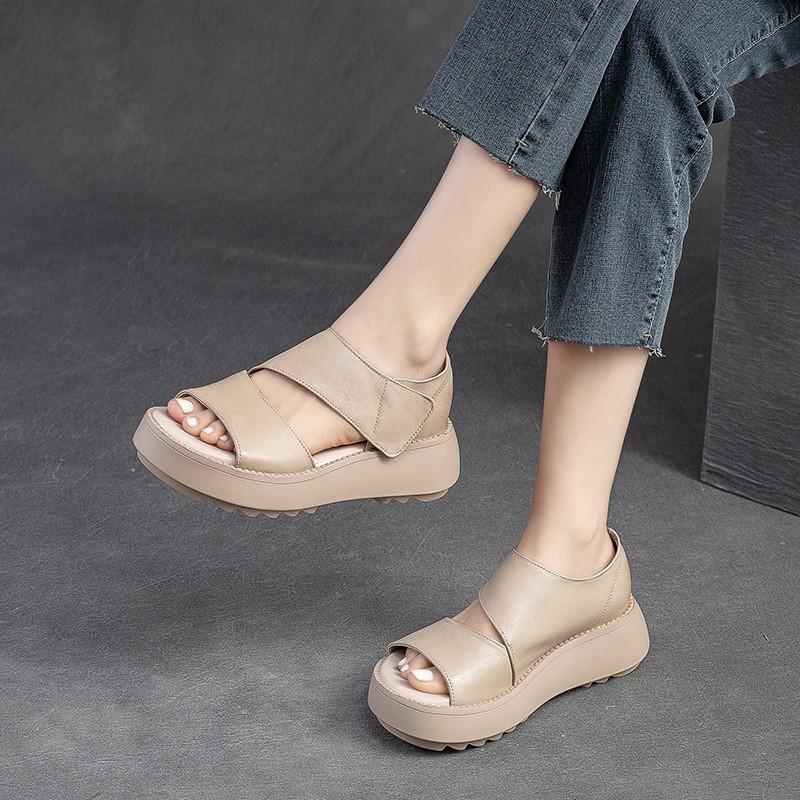 Women Sandals Thick Sole Peep Toe Platform Shoes Genuine Leather Vintage Comfortable Sandals