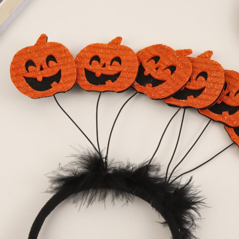 Halloween Pumpkin Hairband With Black Feather Decor Handmade Fabric Headpiece Costume Party Unisex Cute Accessory
