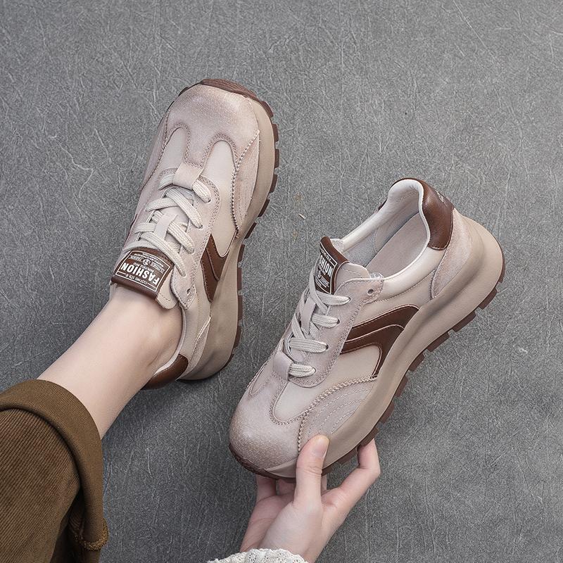 Spring and Autumn Thick-soled Trendy Cool Red Dad Shoes Genuine Leather Retro Sports and Leisure Shoes Cowhide Women's Travel Shoes