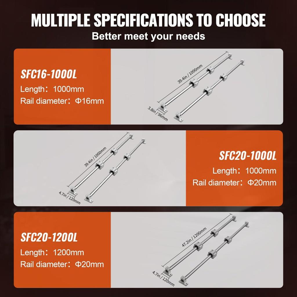 Linear Guide Rail Set, SFC20 1000mm, 2 PCS 39.4 in/1000 mm SFC20 Guide Rails 4 PCS SC20 Slide Blocks 4 PCS Rail Supports, Linear Rails and Bearings