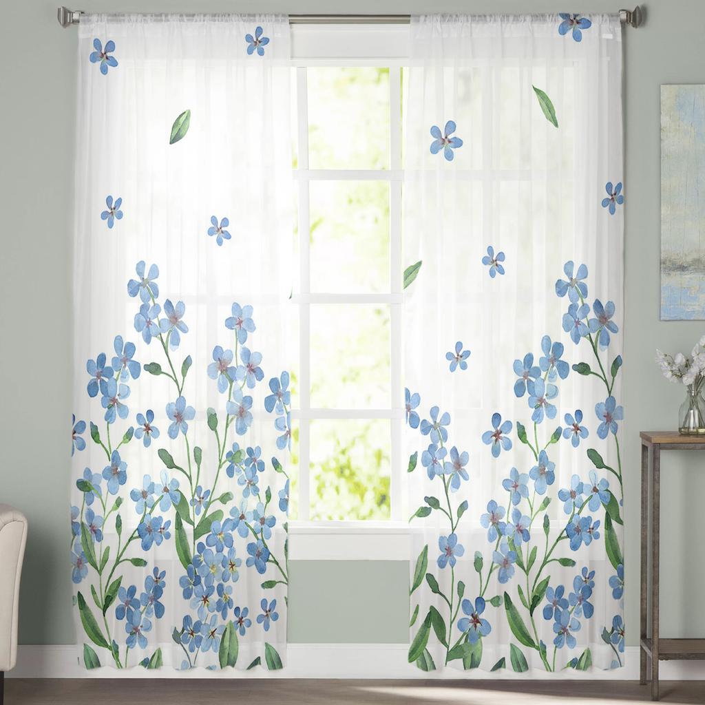 Watercolor Blue Flowers Farmhouse Countryside Voile Sheer Curtains Living Room Window Tulle Curtain Kitchen Bedroom Home Decor