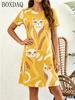 2026 Cute Cats Printed Women's Dress Fashion Abstract Casual Loose Fitting Pullover Dress, Round Neck Short Sleeved Summer Dress