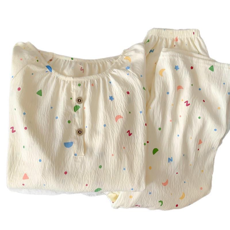 Женский набор пижамы с мультяшным принтом из облачного хлопка – с длинным рукавом, круглым вырезом, больших размеров, для ношения на улице