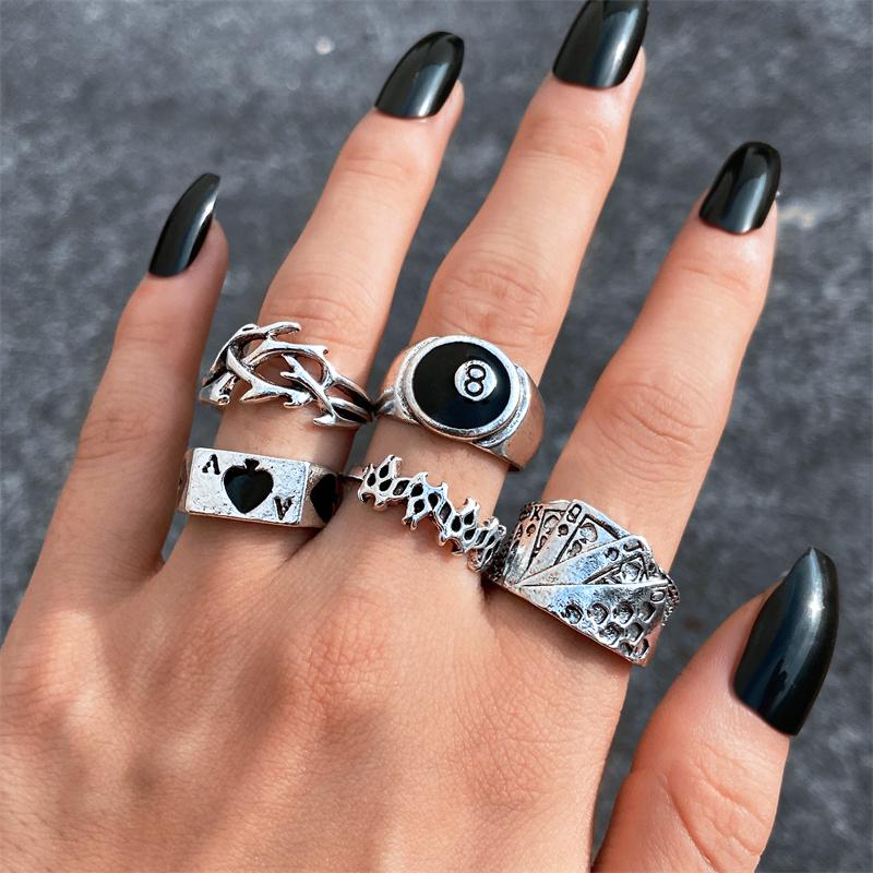 Punk YinYang Ring Set for Women Gothic Black Heart Butterfly Vintage Ghost Silver Color  Plated Retro Rhinestone Finger Jewelry
