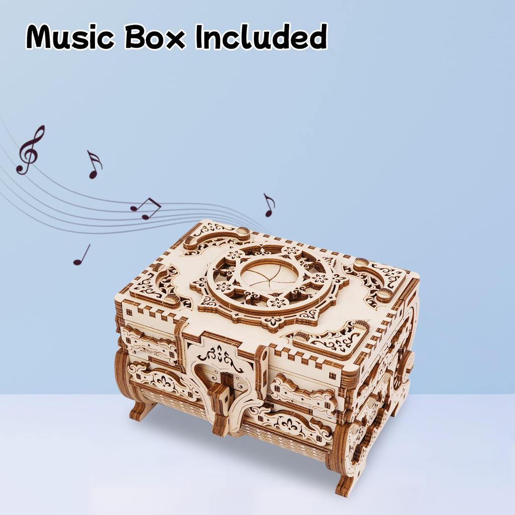 Hallisun 3D Wooden Puzzle, 7-in-1 Storage Box, Music Box, 142 Pieces, DIY Mechanical Wooden Model Kit, Jewelry Keepsake Storage Box, Adults 14+,