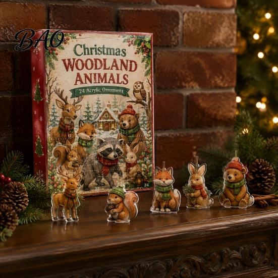 Christmas Countdown Ornaments 24 Days Advent Calendar 2026, 2D Acrylic Reading Cats/Dogs/Forest Animals Tree Decor Ornament Calendar, Cute Pet